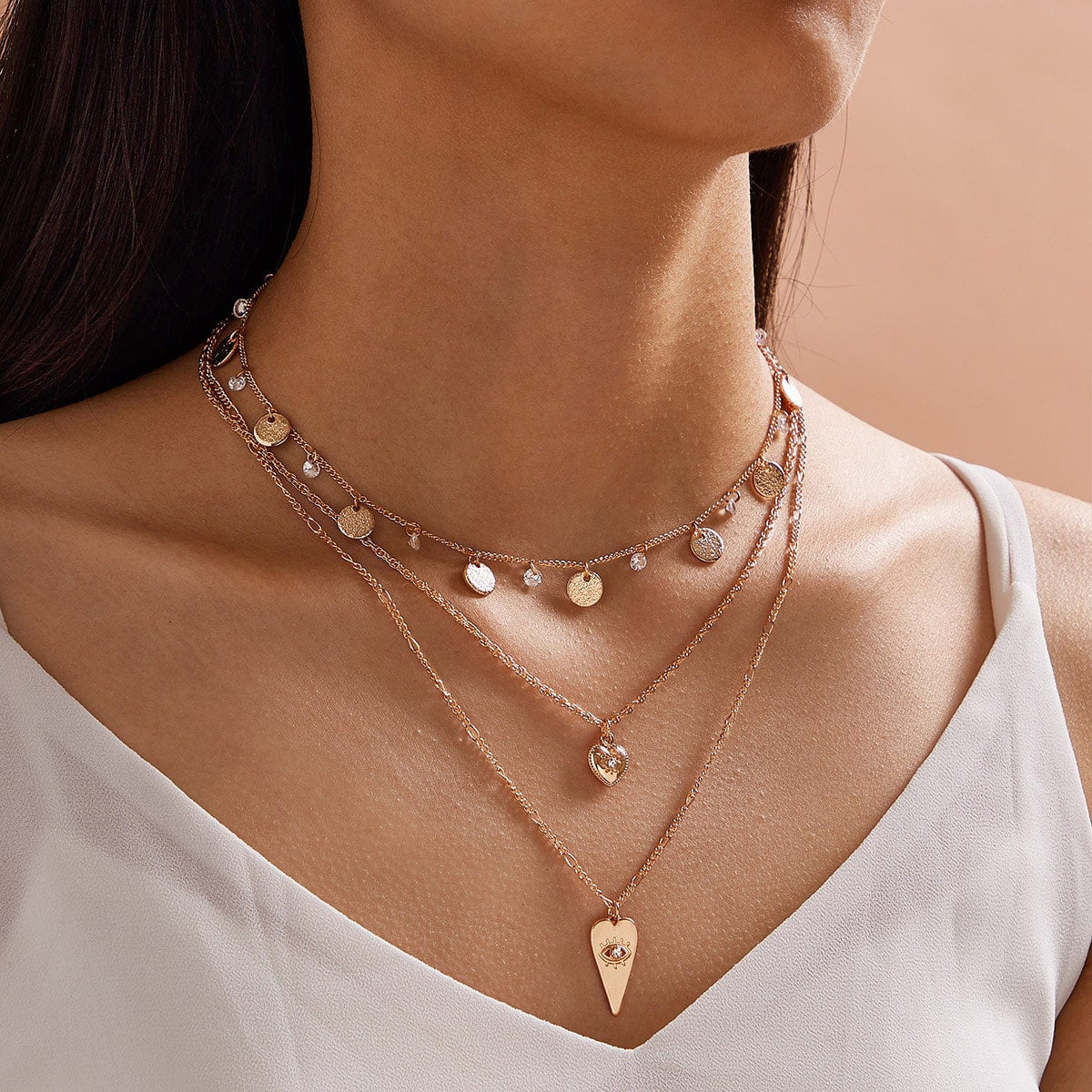 Triple-Layered Gold Disc Heart Necklace - Dainty Minimalist Jewelry