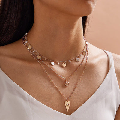 Triple-Layered Gold Disc Heart Necklace - Dainty Minimalist Jewelry
