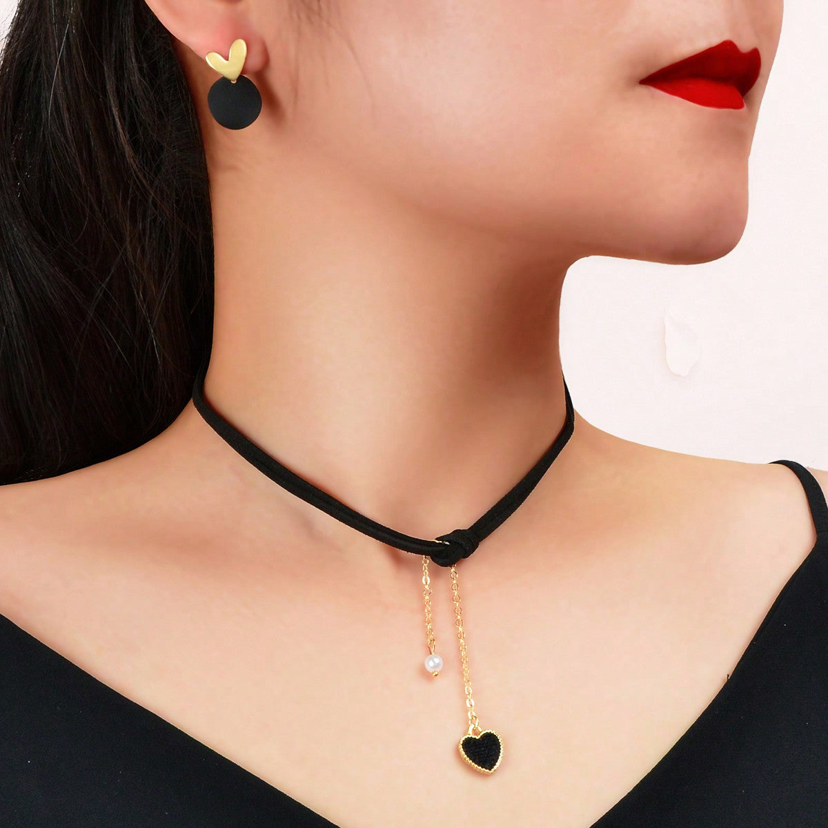 Black Heart Layered Necklace & Earrings Set – Gothic Jewelry Gift for Women