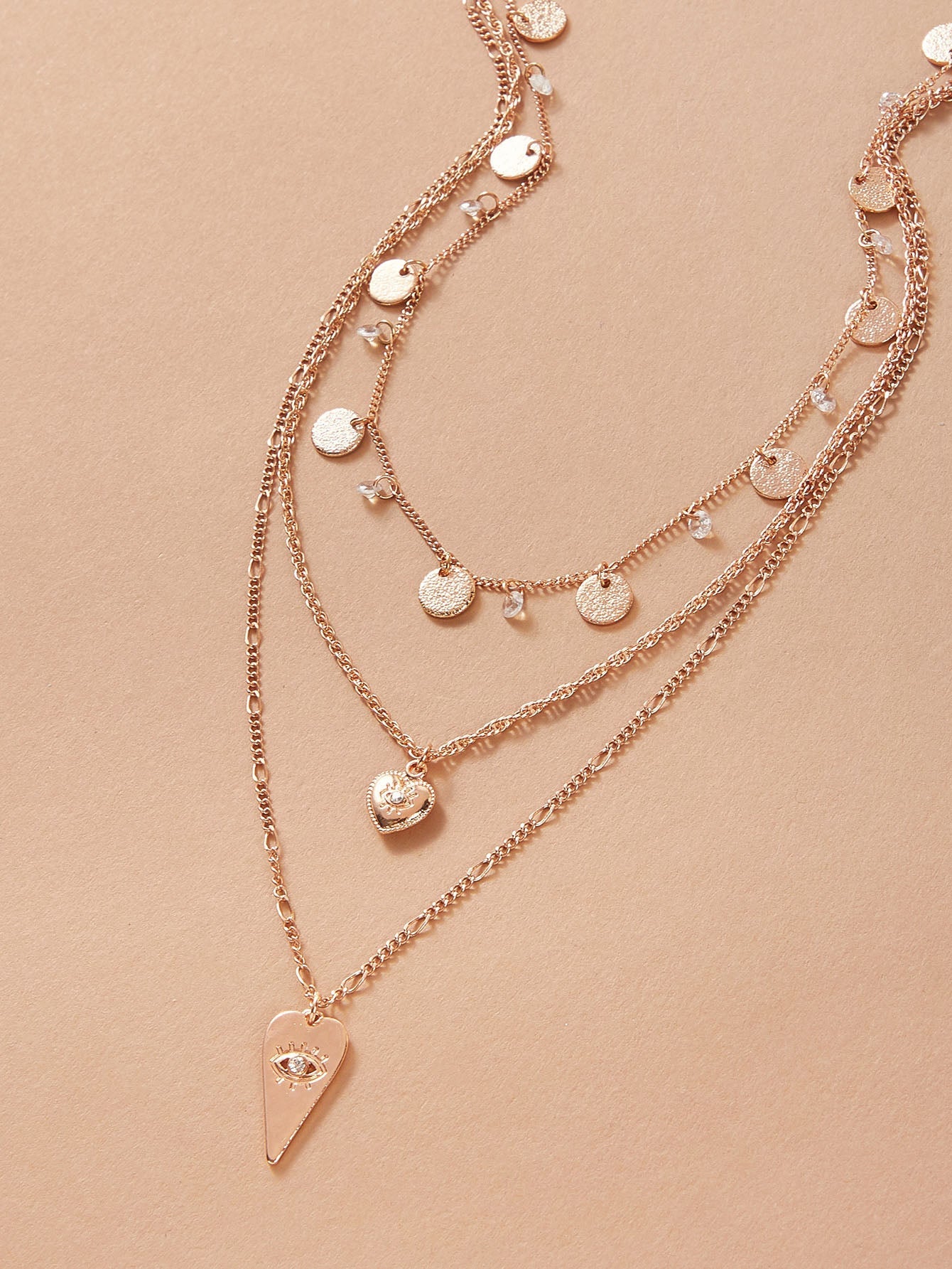 Triple-Layered Gold Disc Heart Necklace - Dainty Minimalist Jewelry