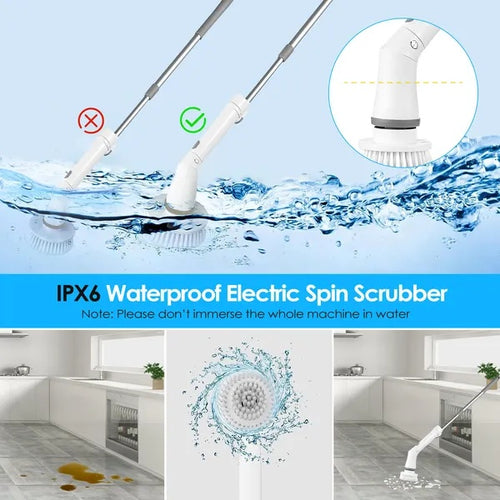 Electric Spin Scrubber Cordless - Power Scrubber Brush with 6 Heads & Long Handle for Bathroom Shower Kitchen Tile Floor Cleaning