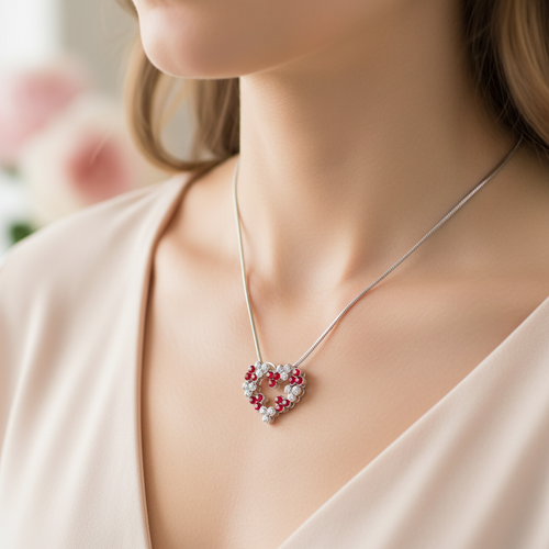 Woman wearing Korean white gold crystal heart necklace - Valentine's Day gift