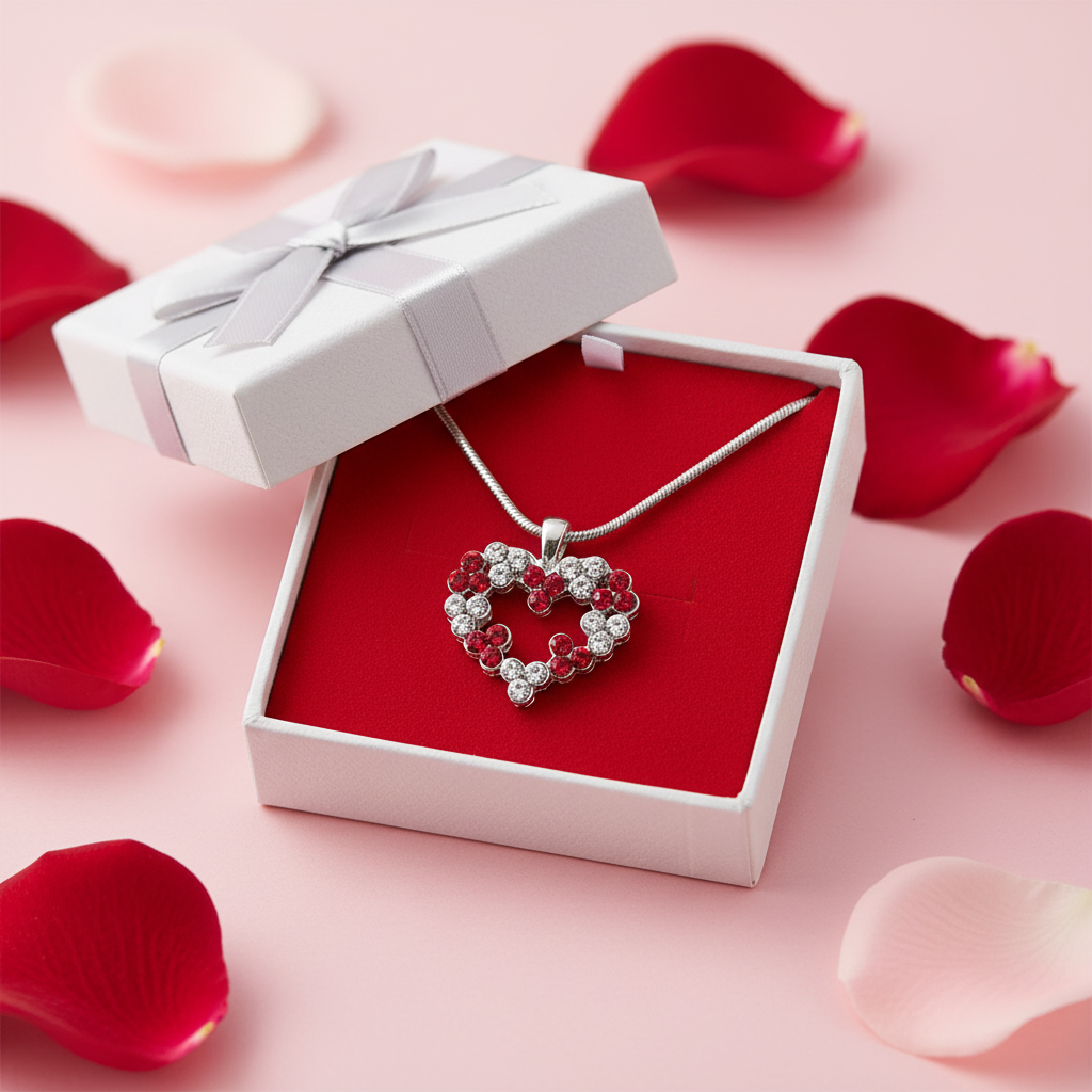Valentine's Day gift box presentation with crystal heart necklace