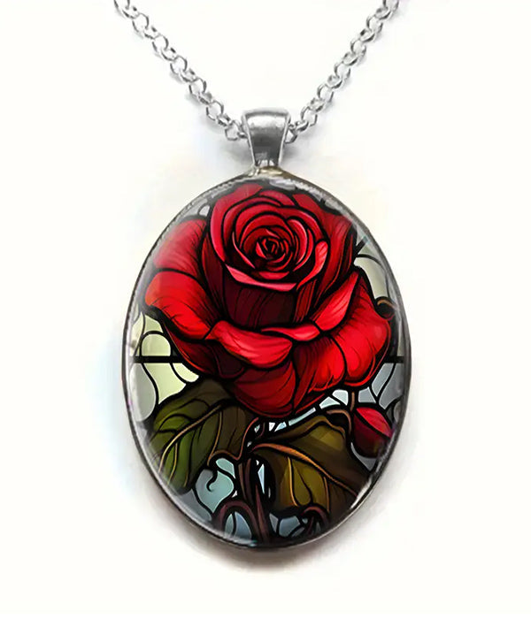 Stained Glass Rose Flower Necklace - Artistic Valentine's Day Gift