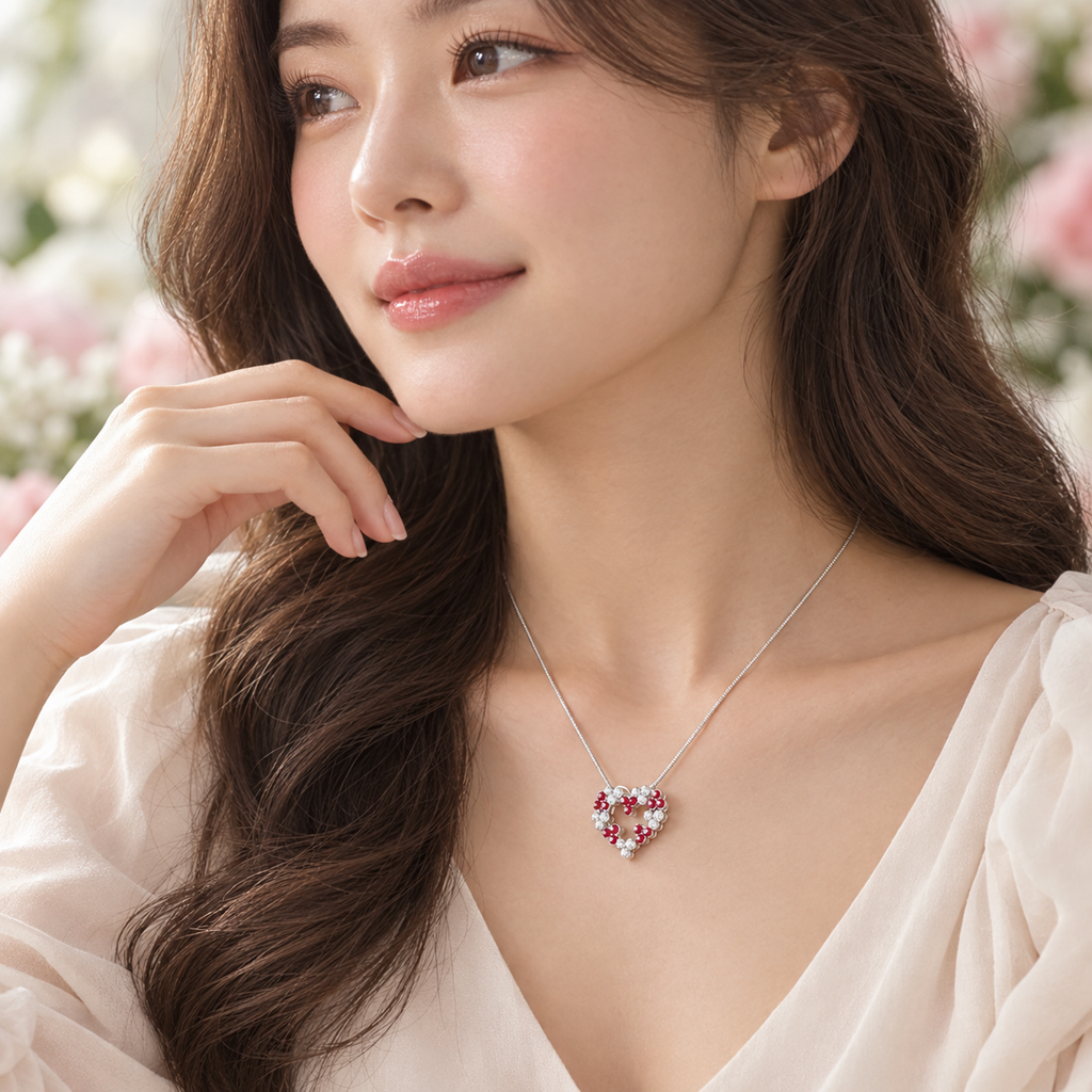 Korean White Gold Crystal Heart Necklace - Lifestyle shot