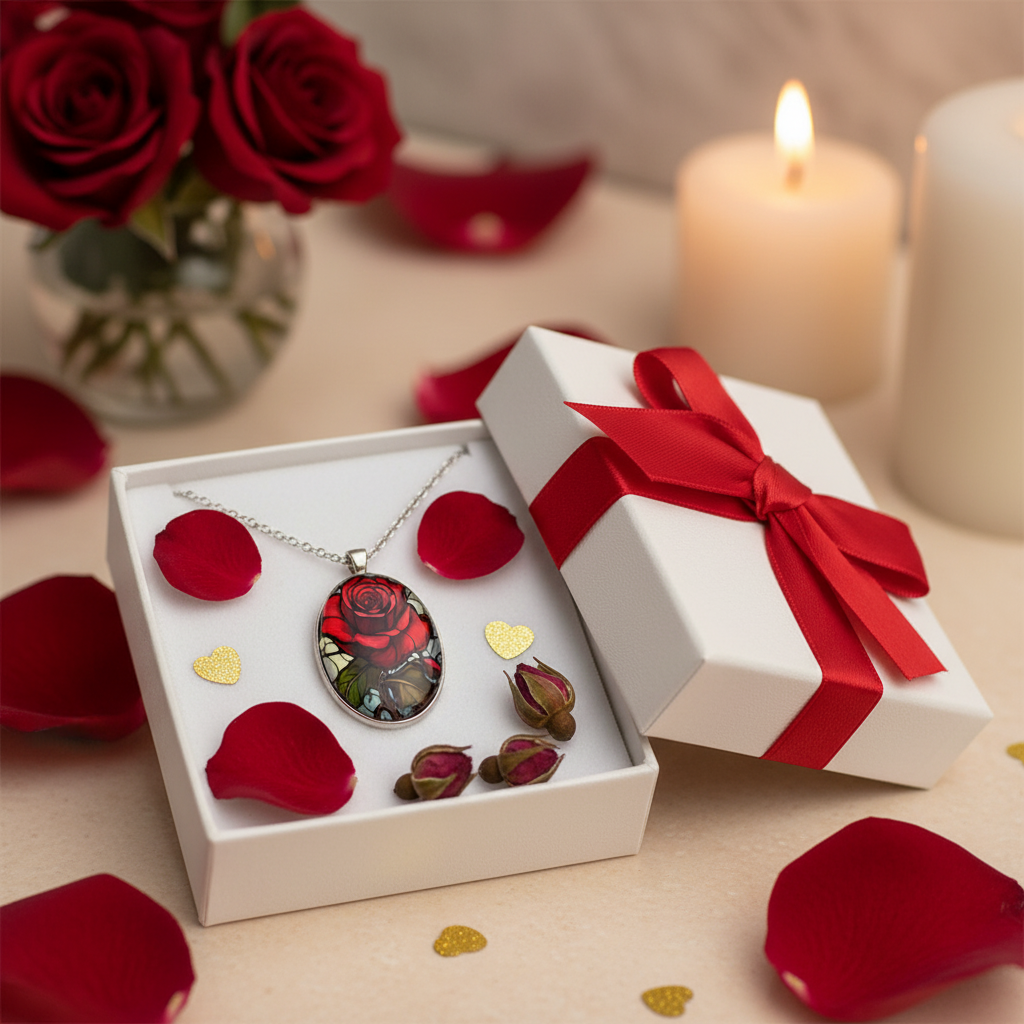 Stained Glass Rose Necklace Gift Box