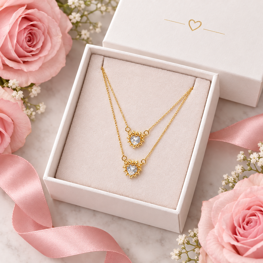 Sunburst CZ Heart Layered Necklace - Gift box presentation