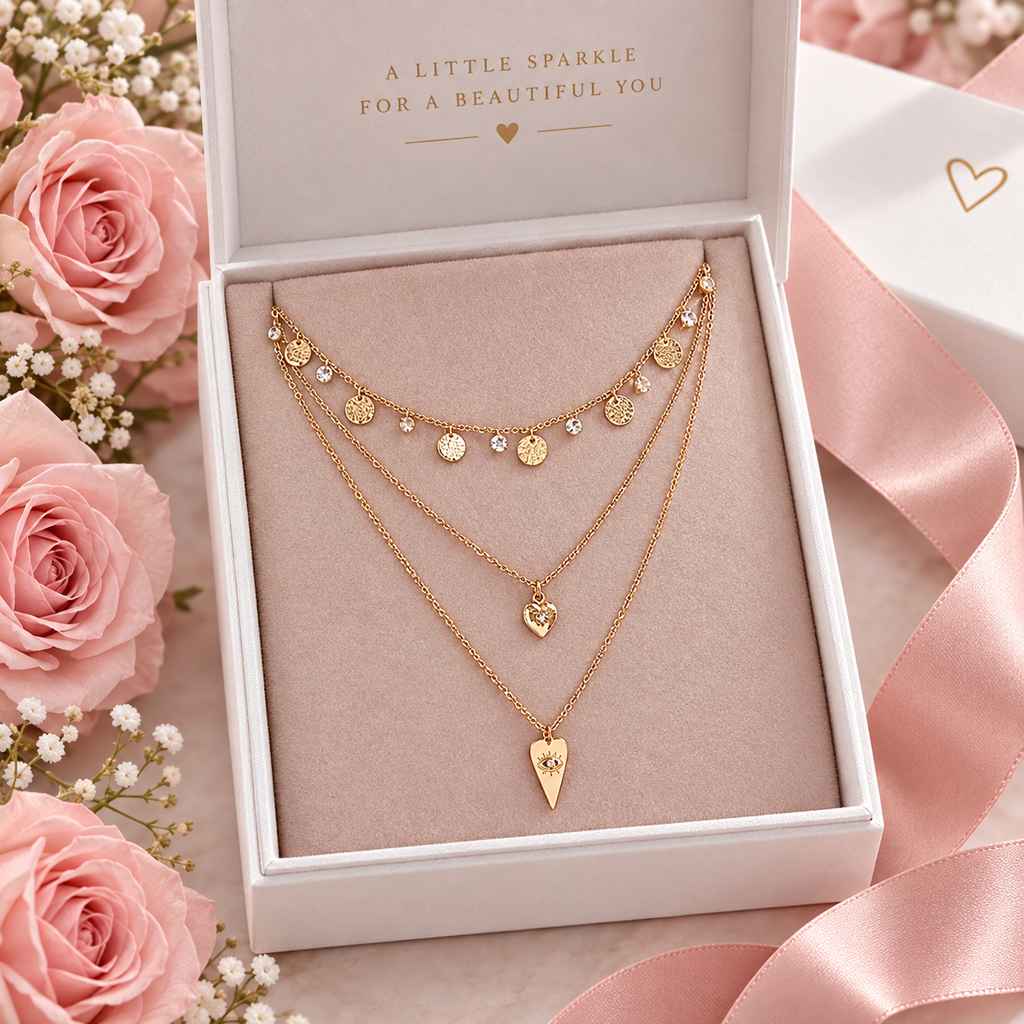 Triple-Layered Gold Disc Heart Necklace - Gift box presentation