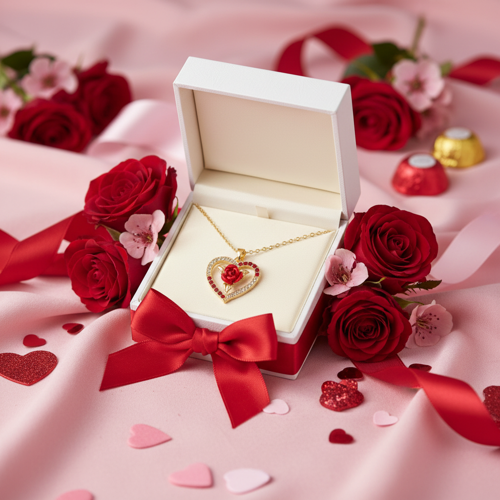 Valentine Rose Heart Necklace Gift Box