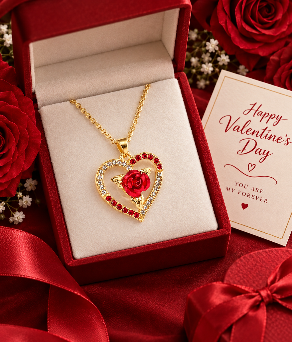 Valentine Rose Heart Necklace - Gift box presentation