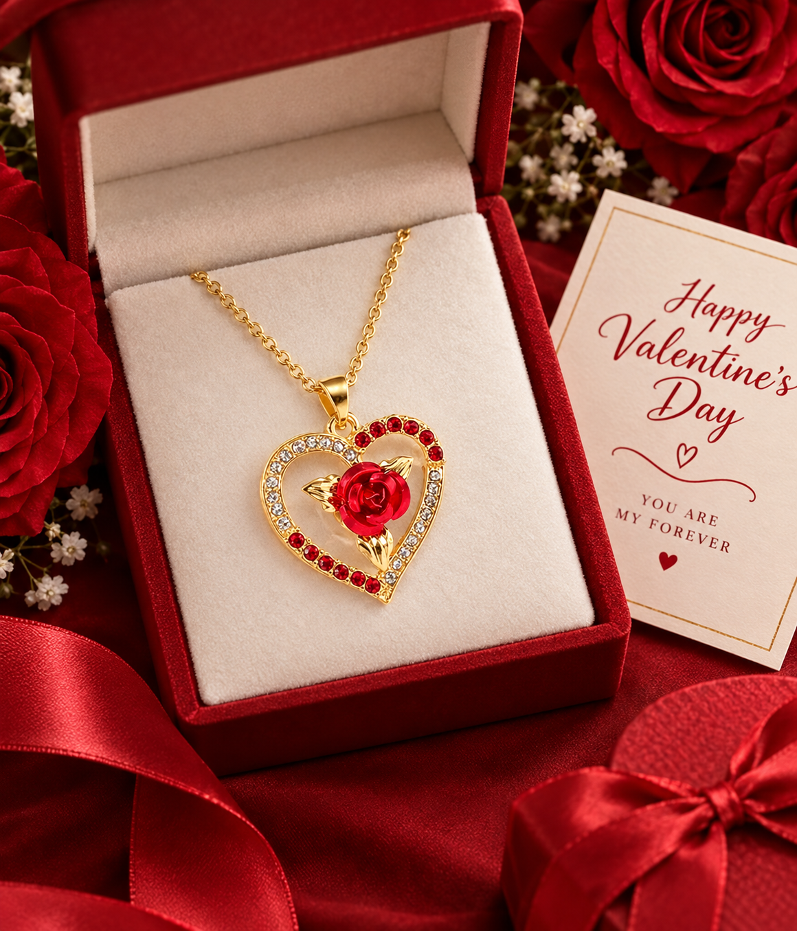 Valentine Rose Heart Necklace - Gift box presentation