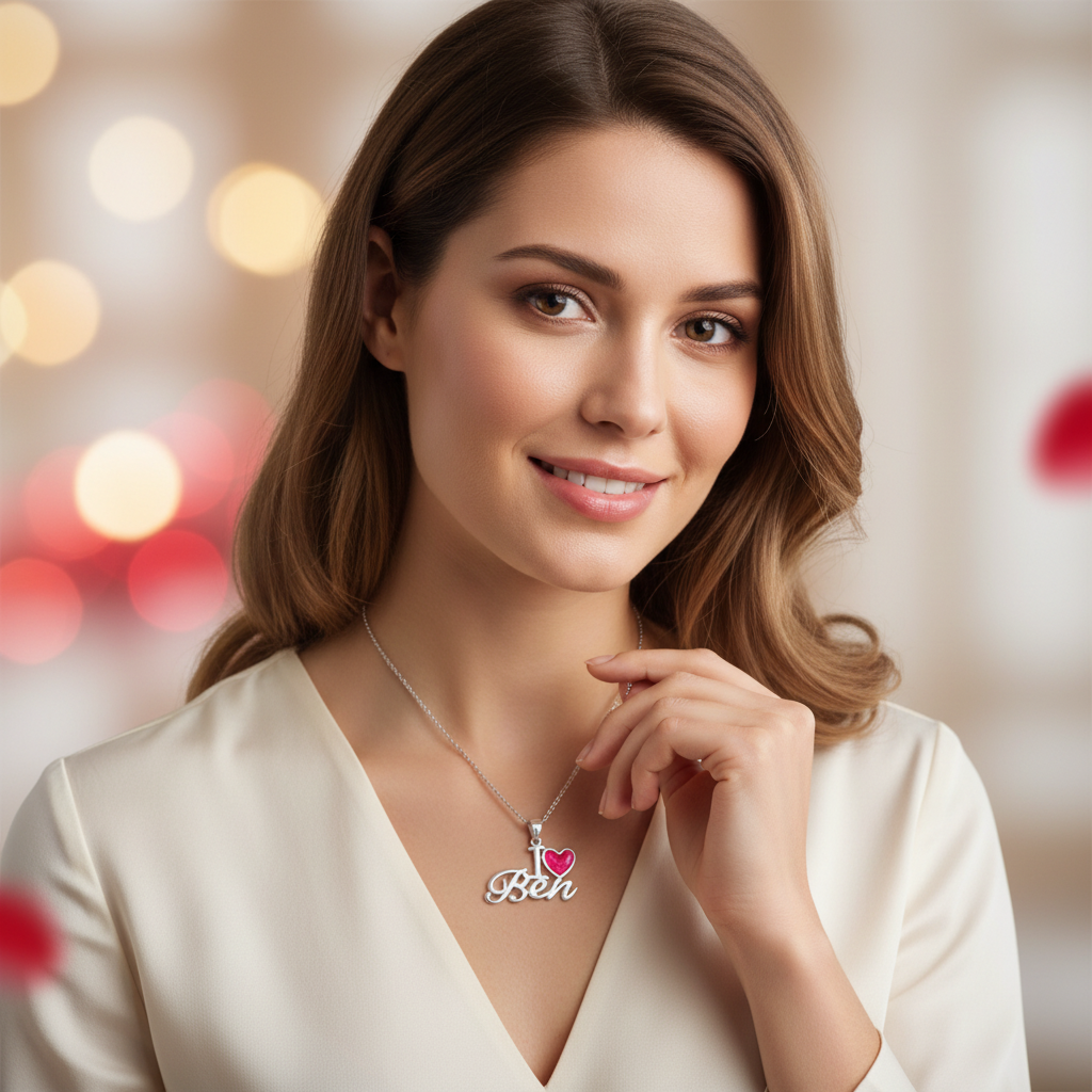 Woman Wearing Script Heart Necklace
