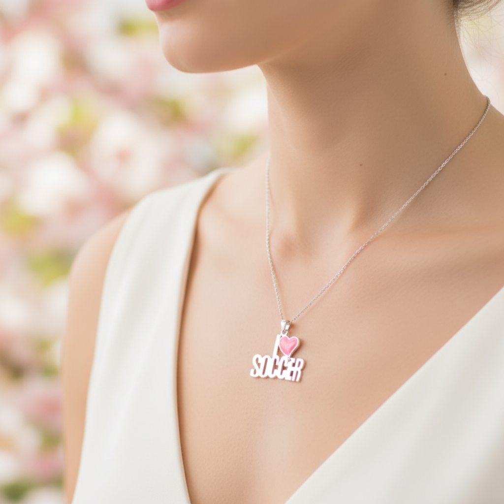 Woman Wearing SOCCER Necklace Close-Up