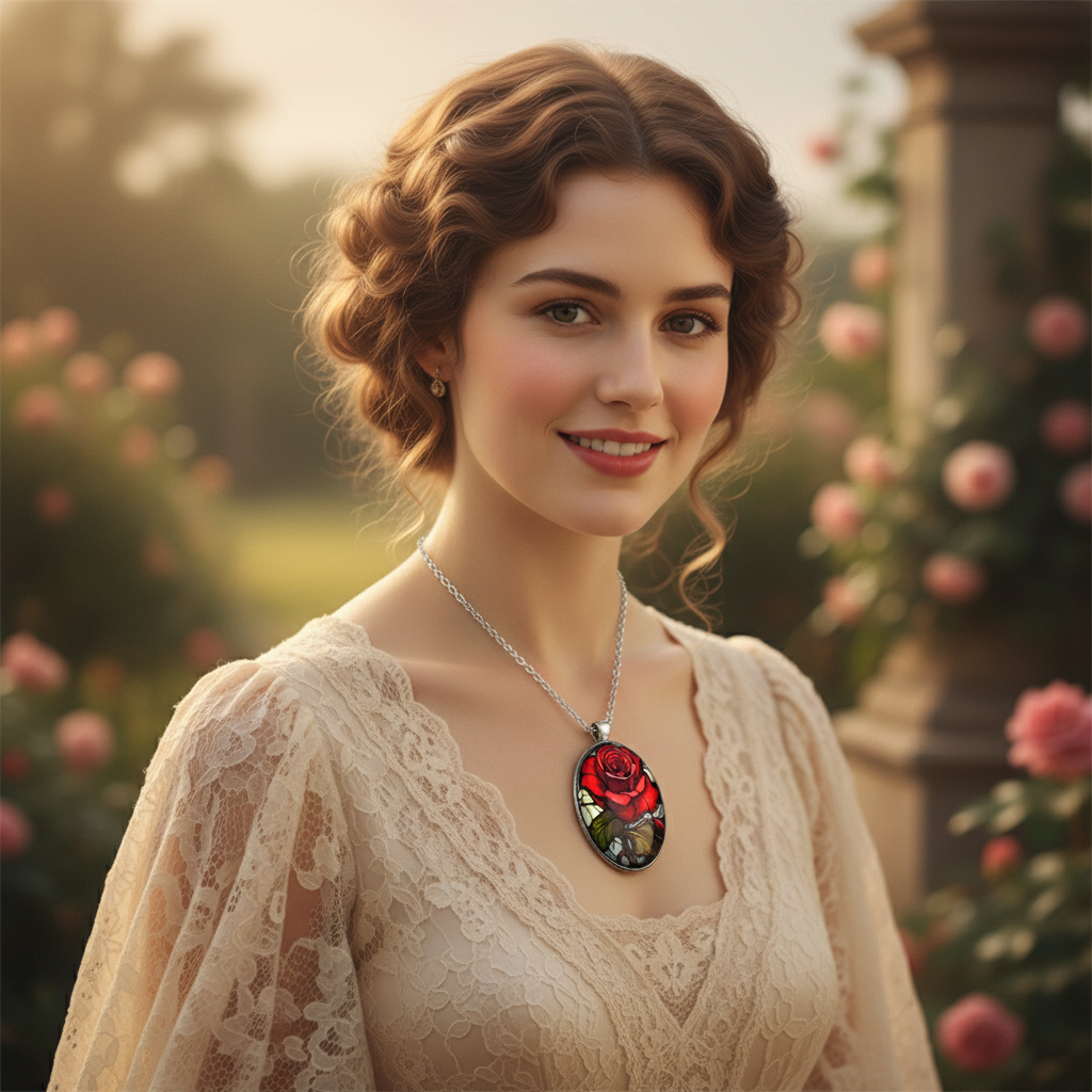 Woman Wearing Stained Glass Rose Necklace