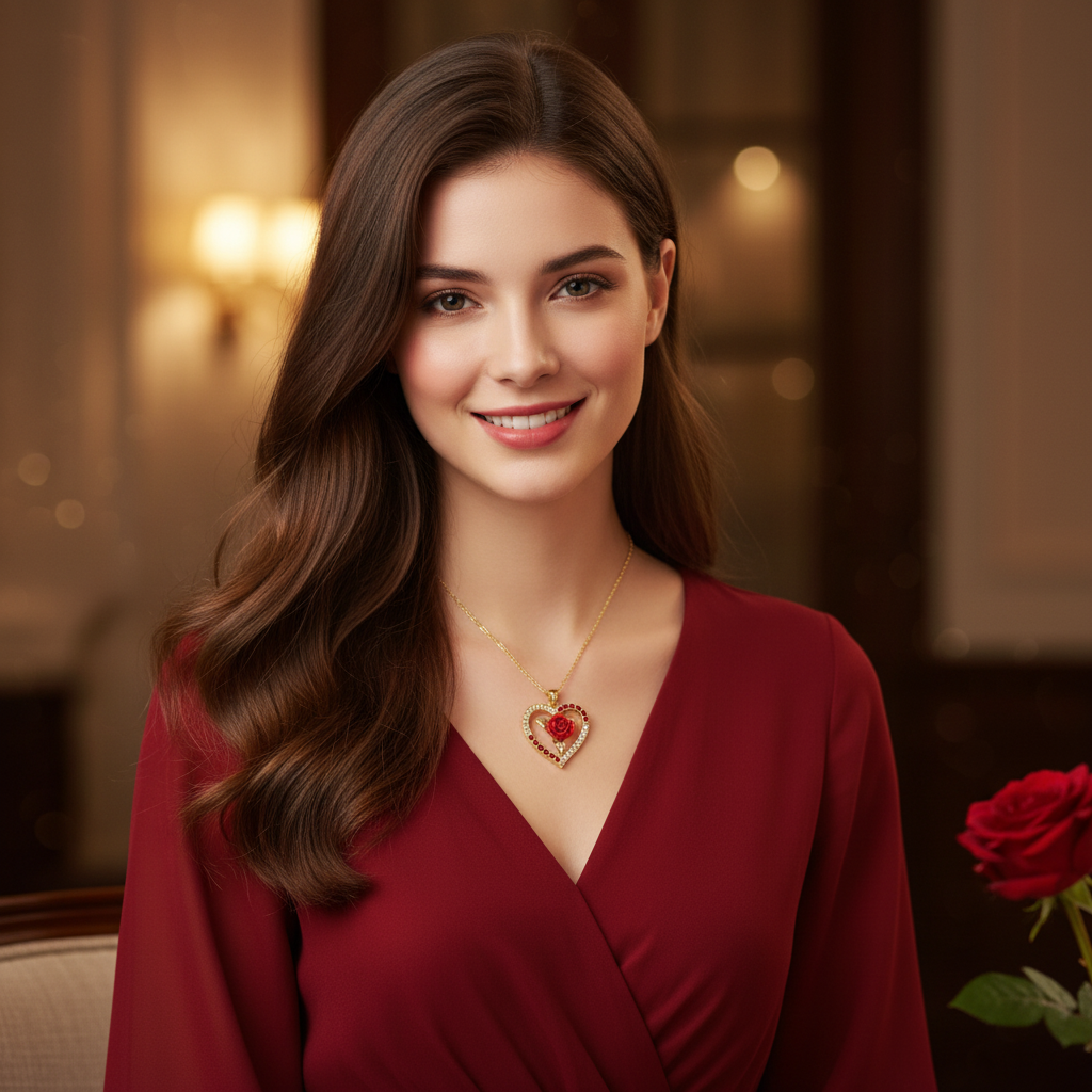 Woman Wearing Valentine Rose Heart Necklace